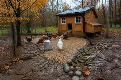 Chicken run with firm dry footing, drainage, and roof runoff control in autumn