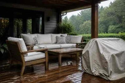 Outdoor furniture protected from summer sun and rain