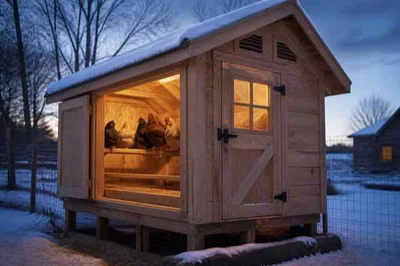 Dry ventilated chicken coop in late winter