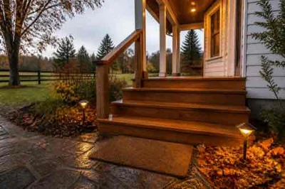Farmhouse porch steps with handrail and pathway lighting in wet fall weather