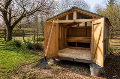 Open chicken coop with fresh bedding during spring cleanup