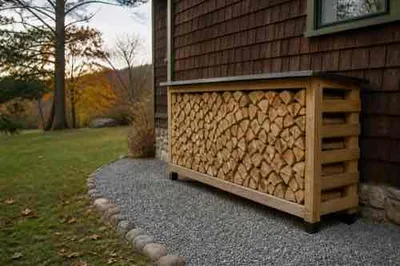 Firewood rack on a gravel pad with raised wood and open airflow beside a country home