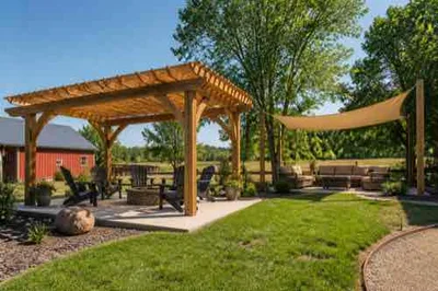 Pergola and shade sail options in a sunny rural backyard