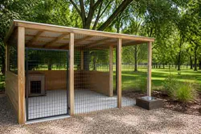 Outdoor dog kennel with summer shade and water station