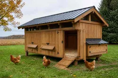 Wooden chicken coop with screened ventilation openings under the roof eaves in early fall