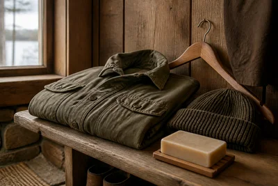 Folded outdoor layers and natural soap on a rustic wood bench