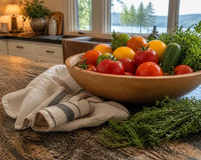 Fresh produce and herbs on a rustic kitchen counter