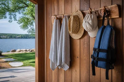 DIY wooden hooks for towels, hats, and lake gear