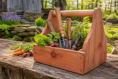 A DIY wooden tote for garden tools and produce