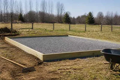 Level compacted gravel base for a shed