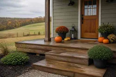 Weather-ready fall decor at a rural porch entry