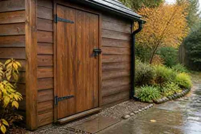 Maintained wooden shed door with clear threshold and roof runoff control in rainy autumn