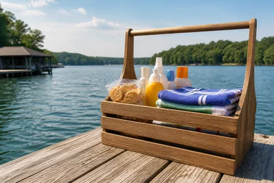 A simple wooden caddy for lake-day snacks and supplies