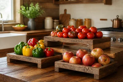 DIY wooden produce risers for a farmers-market-style kitchen