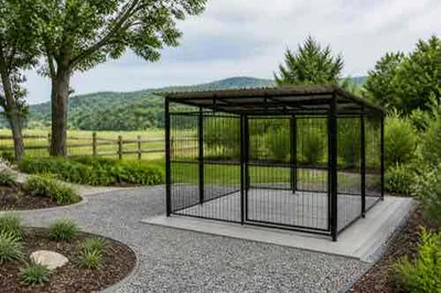 Outdoor dog kennel with clean drainage-friendly ground cover