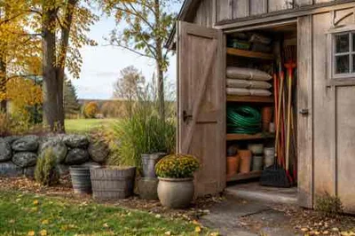 Organized shed storage with hose, cushions, planters, and winter tools in autumn