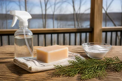 Natural home-care supplies on a rustic porch table