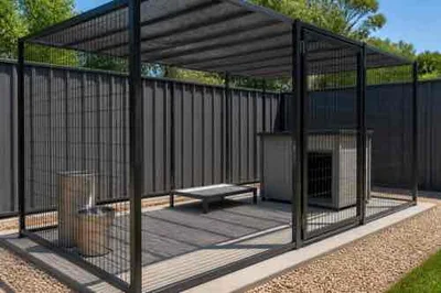 Outdoor dog kennel with secure overhead shade and airflow