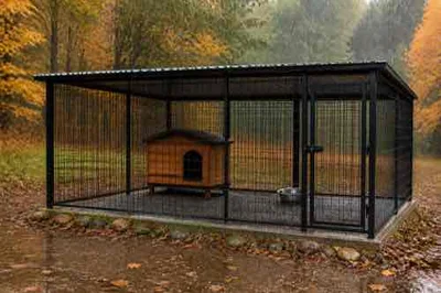 Outdoor dog kennel with dry raised shelter and clean draining surface during fall rain