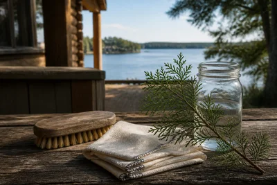 Plain porch cleaning supplies on weathered wood