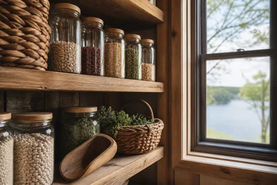 Unlabeled pantry jars and herbs on a rustic wooden shelf
