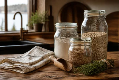 Unlabeled glass jars and natural kitchen supplies on a rustic wooden counter