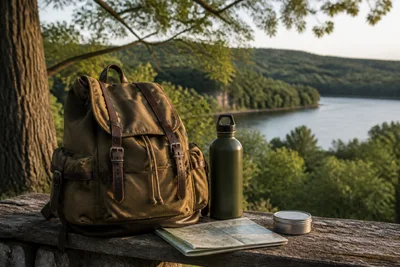 Organized outdoor day pack on a rustic bench