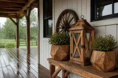 Handcrafted outdoor wood decor protected from wet weather