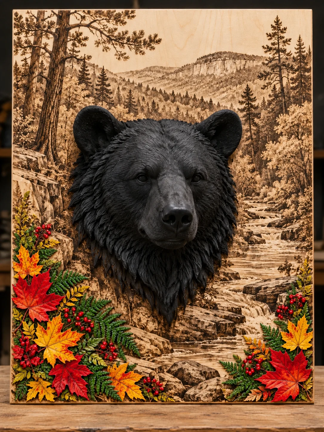 Black bear country mixed media concept sample, 12 × 16 · Portrait · Accent + matte black 3D bear
