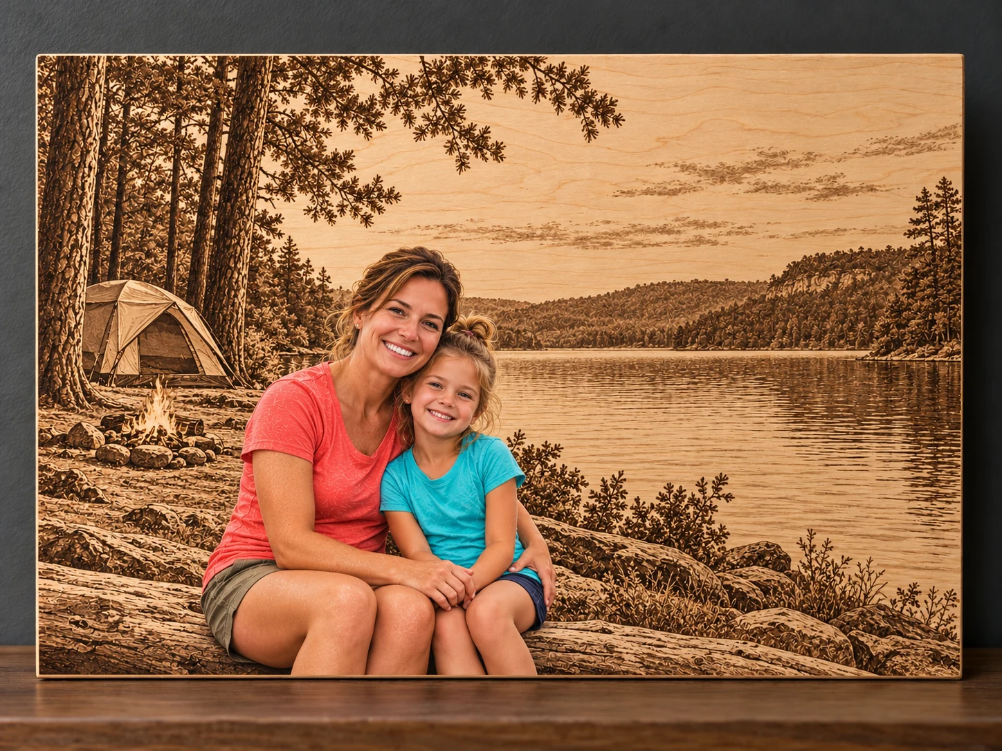 Concept sample of a mother and daughter in bright coral and turquoise UV resin color on a wood-burned lakeside campsite