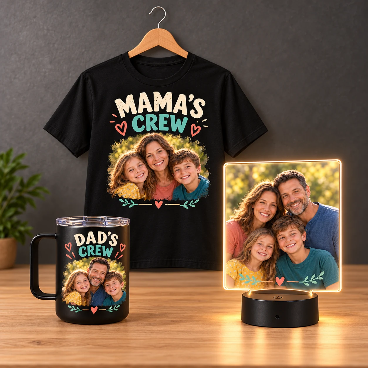 Coordinated family gifts featuring Dad’s Crew on a travel mug, Mama’s Crew on a T-shirt, and the same family on an LED photo light