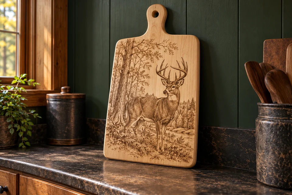 Handled wood cutting board — laser engraving example