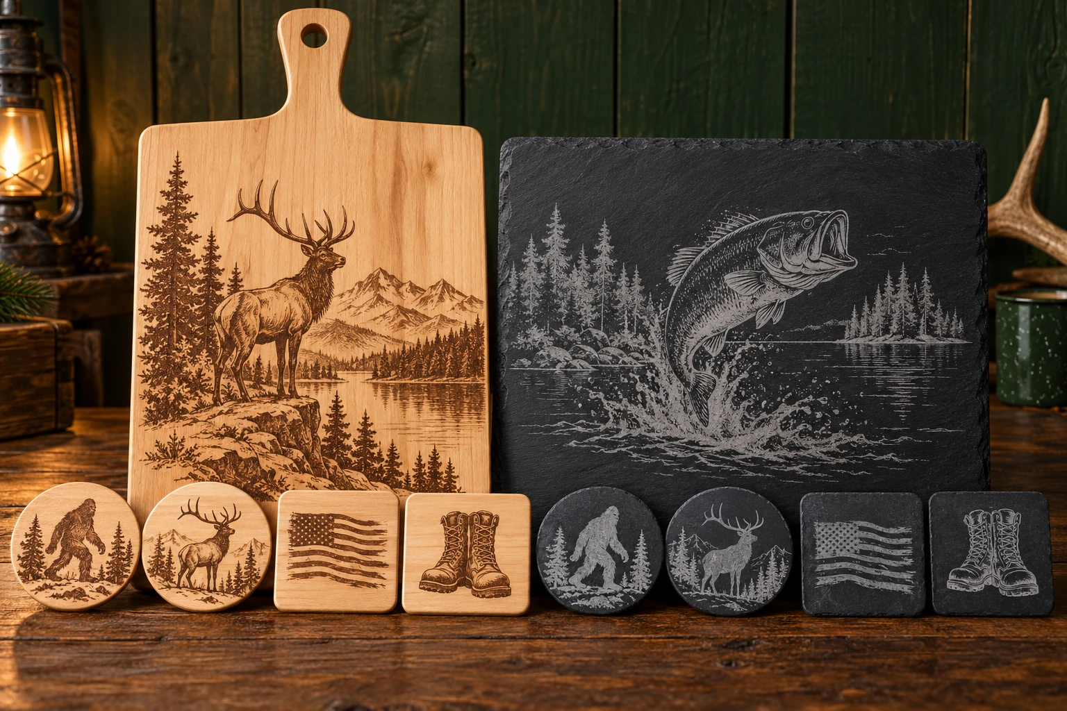 Laser-engraved wood cutting board, slate serving board, and round and square wood and slate coasters