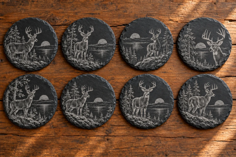 Round slate coasters — laser engraving example