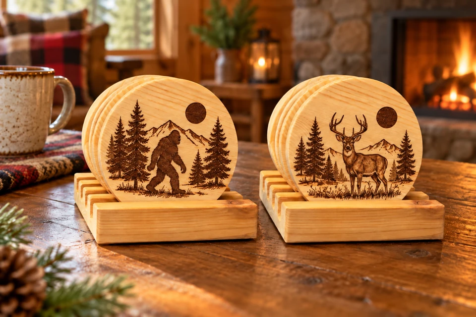 Round wood coasters — laser engraving example