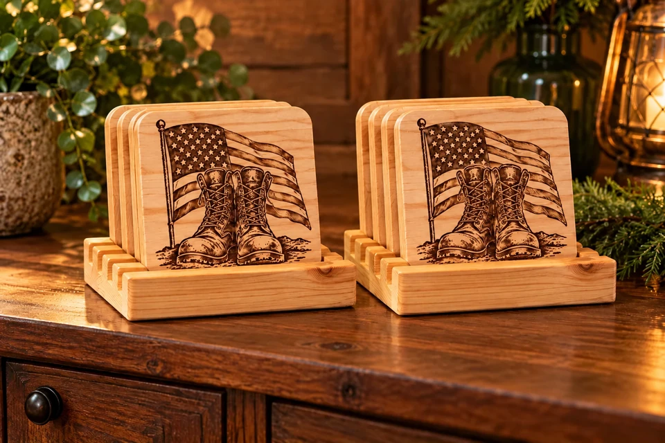 Square wood coasters — laser engraving example