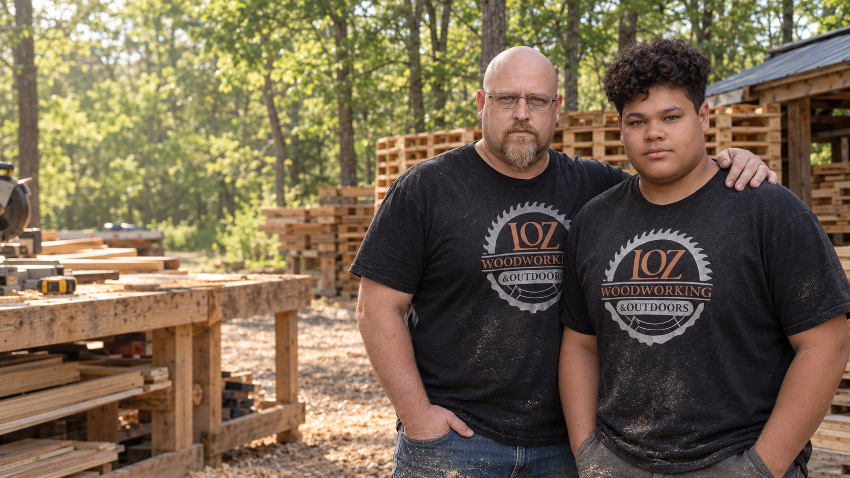 LJ and Robert Griffiths in their LOZ Woodworking & Outdoors shirts at the workshop