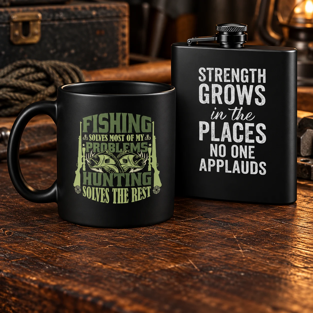 LOZ Woodworking & Outdoors black coffee cup and flask with graphic artwork