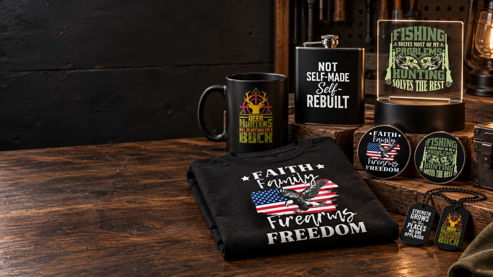LOZ Woodworking & Outdoors custom goods including black drinkware, a flask, LED art, challenge coins, dog tags, and graphic apparel