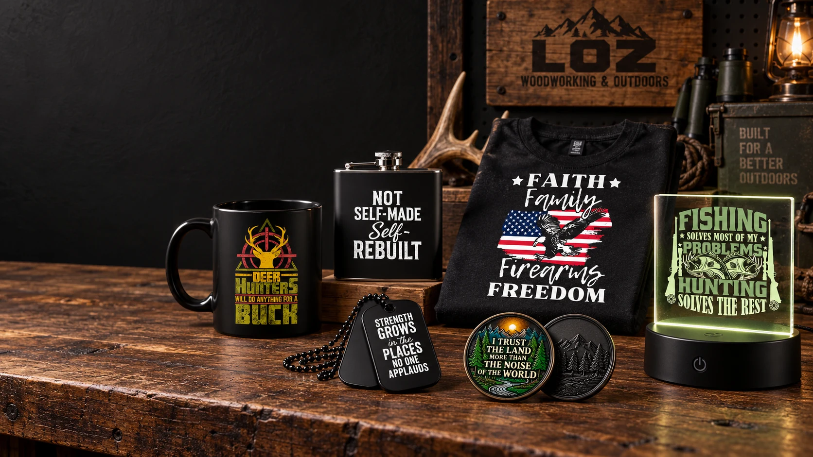 LOZ Woodworking & Outdoors custom goods with black coffee cups, flasks, LED art, coins, dog tags, and apparel