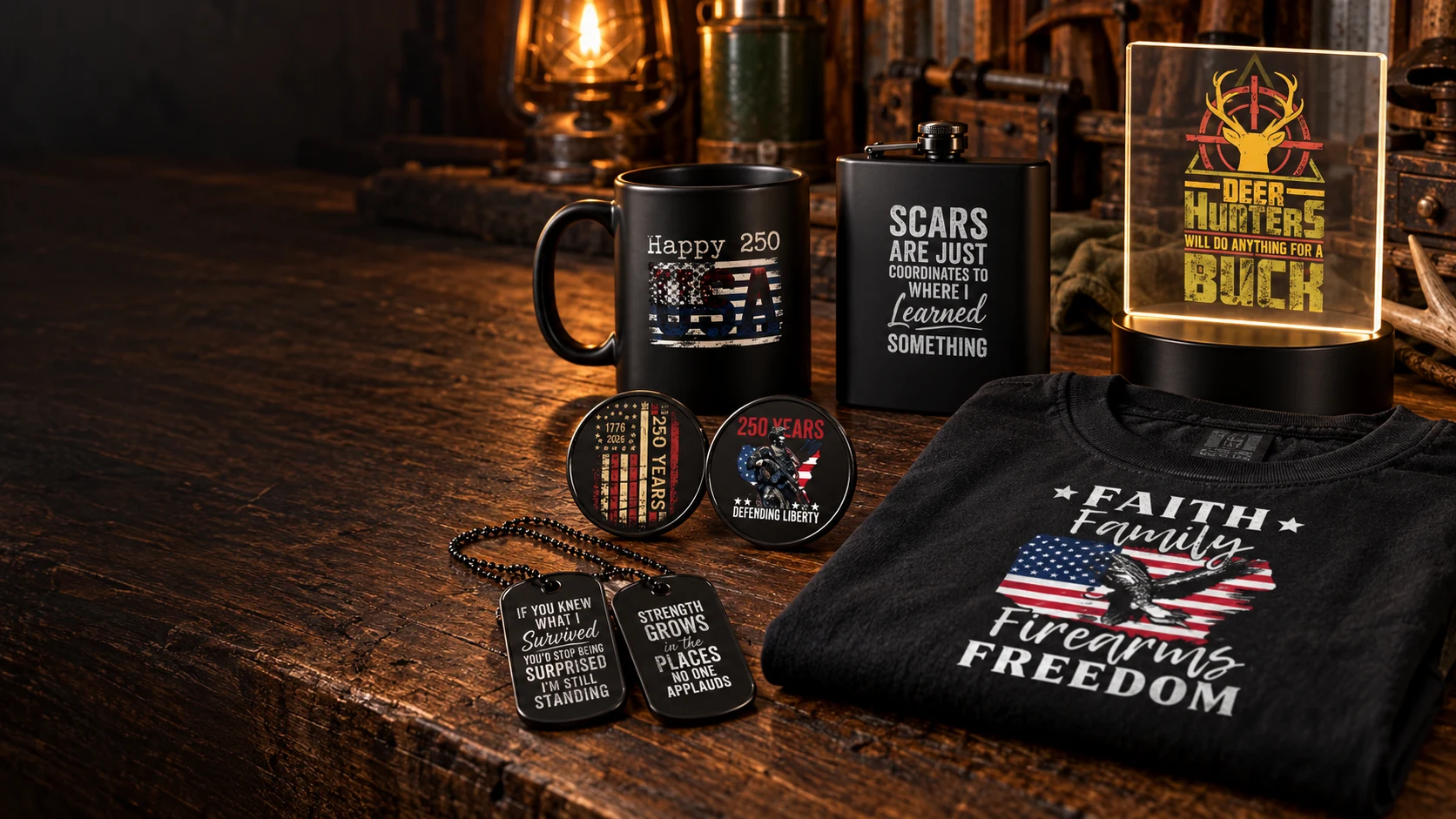 LOZ Woodworking & Outdoors custom goods featuring existing graphic apparel, black drinkware, LED art, coins, and dog tags
