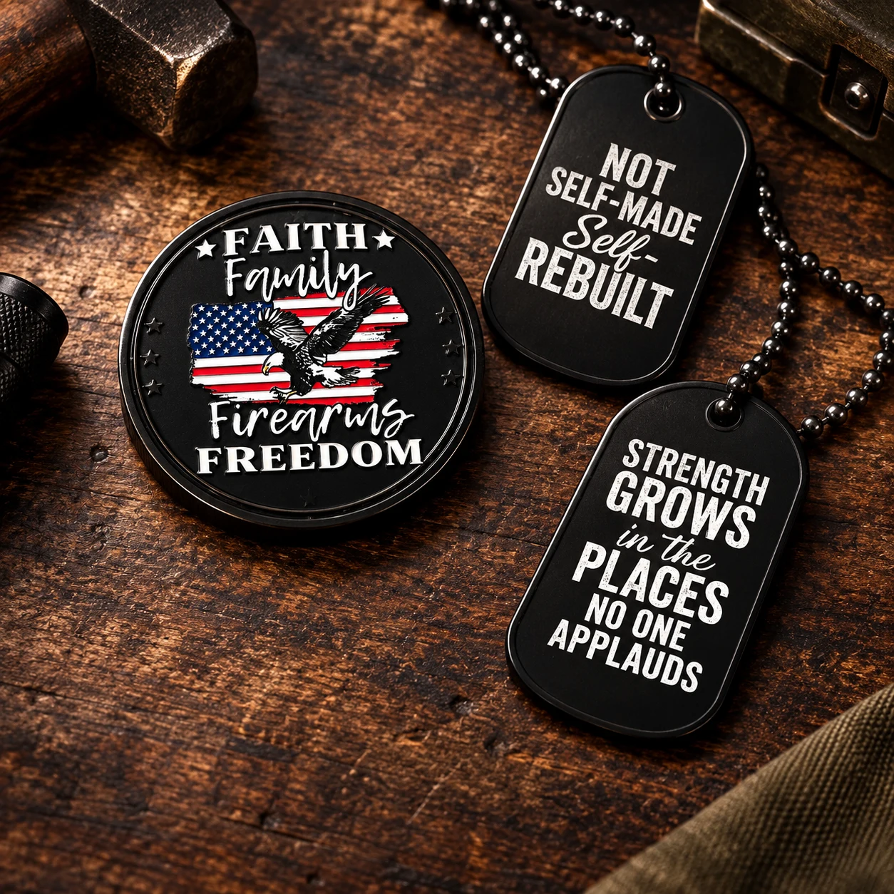 LOZ Woodworking & Outdoors black challenge coin and dog tags with full-color artwork