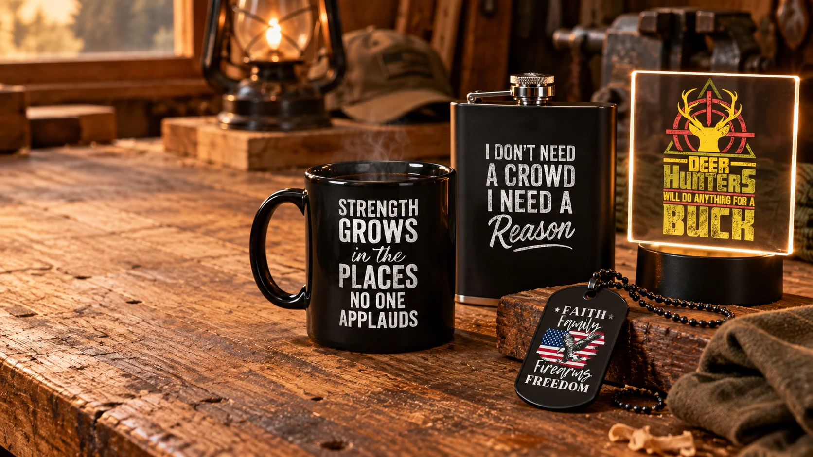 LOZ Woodworking & Outdoors custom goods featuring existing graphic apparel, black drinkware, LED art, and dog tags