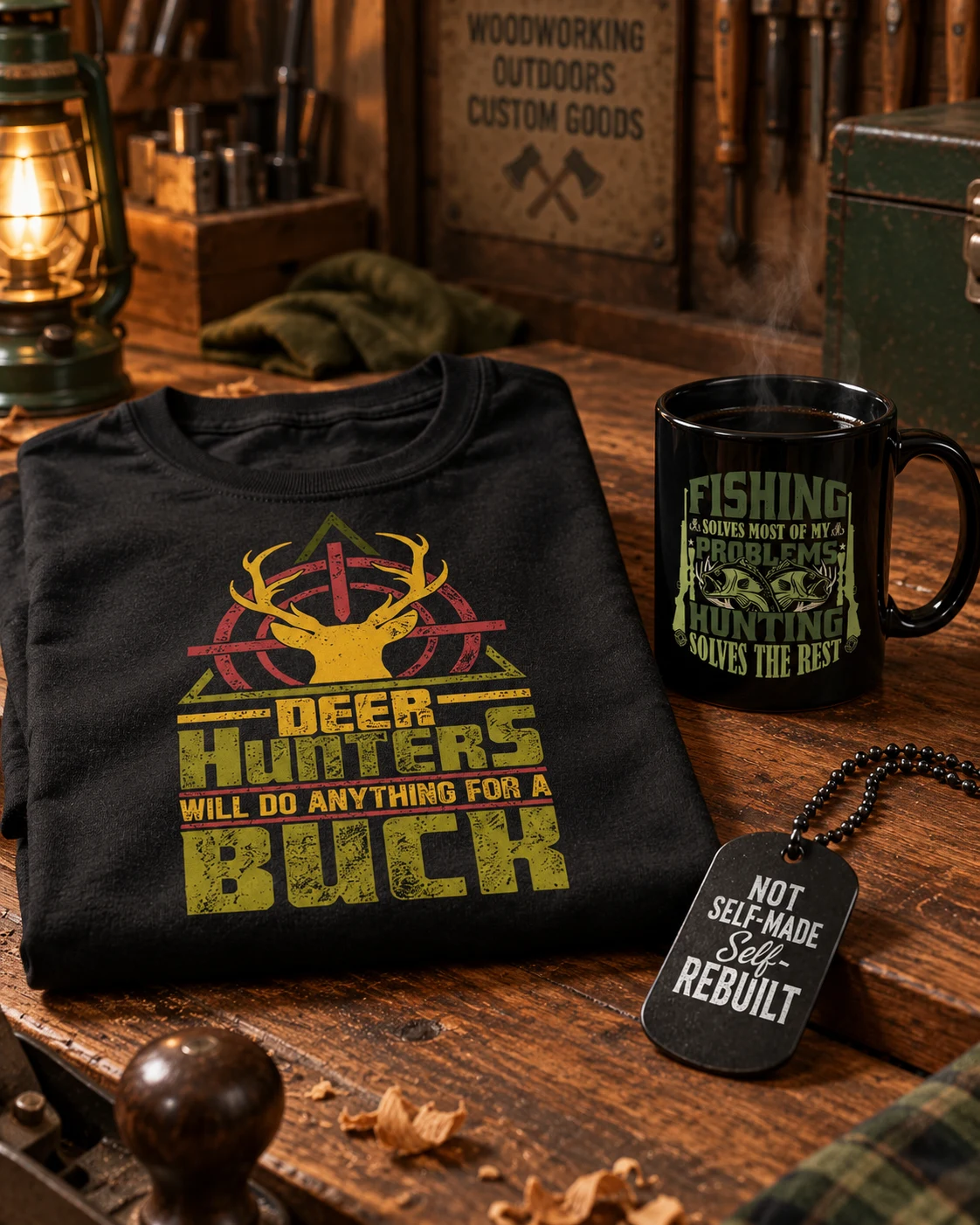Distinct LOZ Woodworking & Outdoors graphics across black drinkware, apparel, LED art, coins, and dog tags