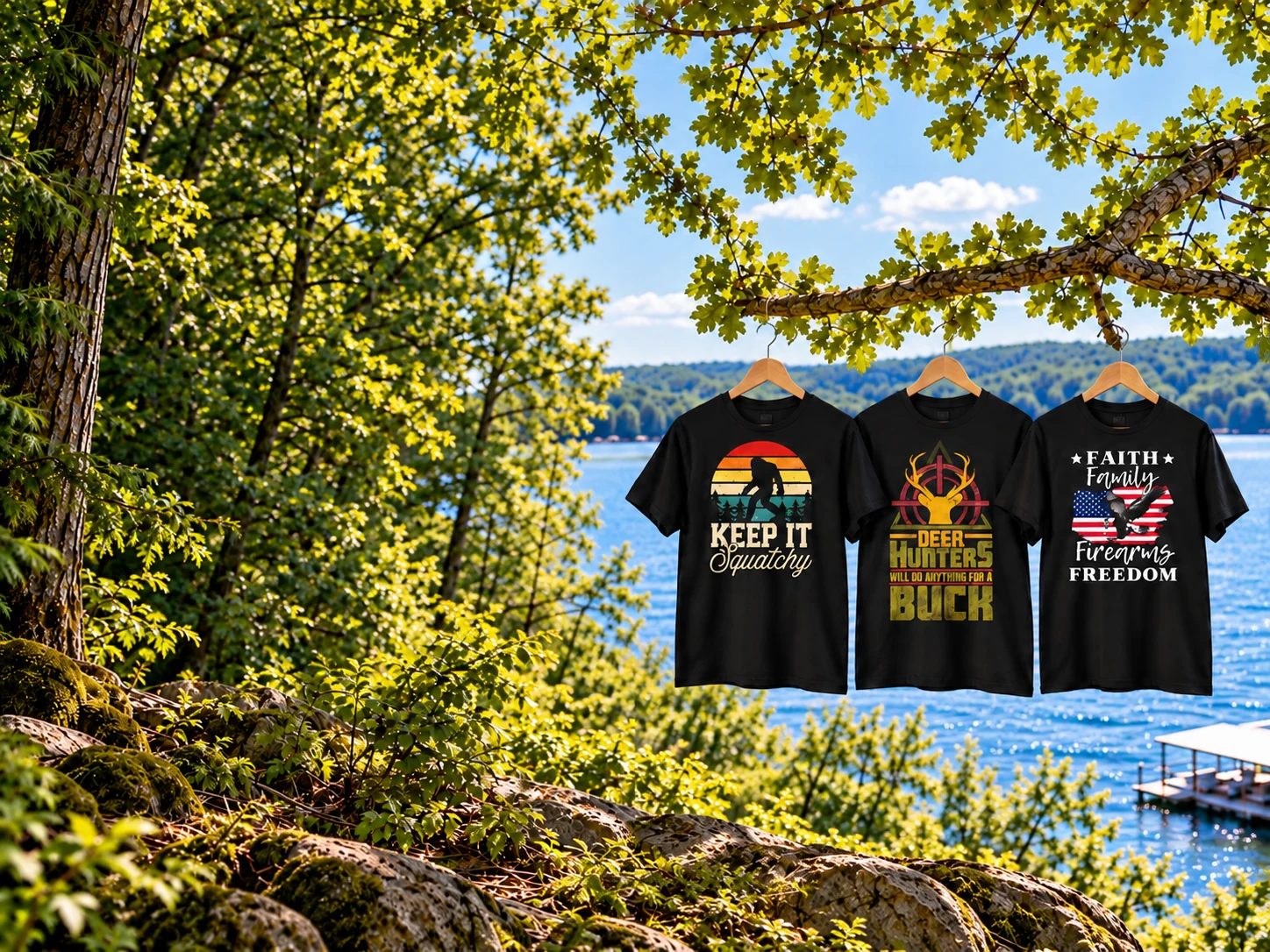 Keep It Squatchy, deer hunting, and patriotic eagle T-shirt fronts hanging from a tree beside the lake