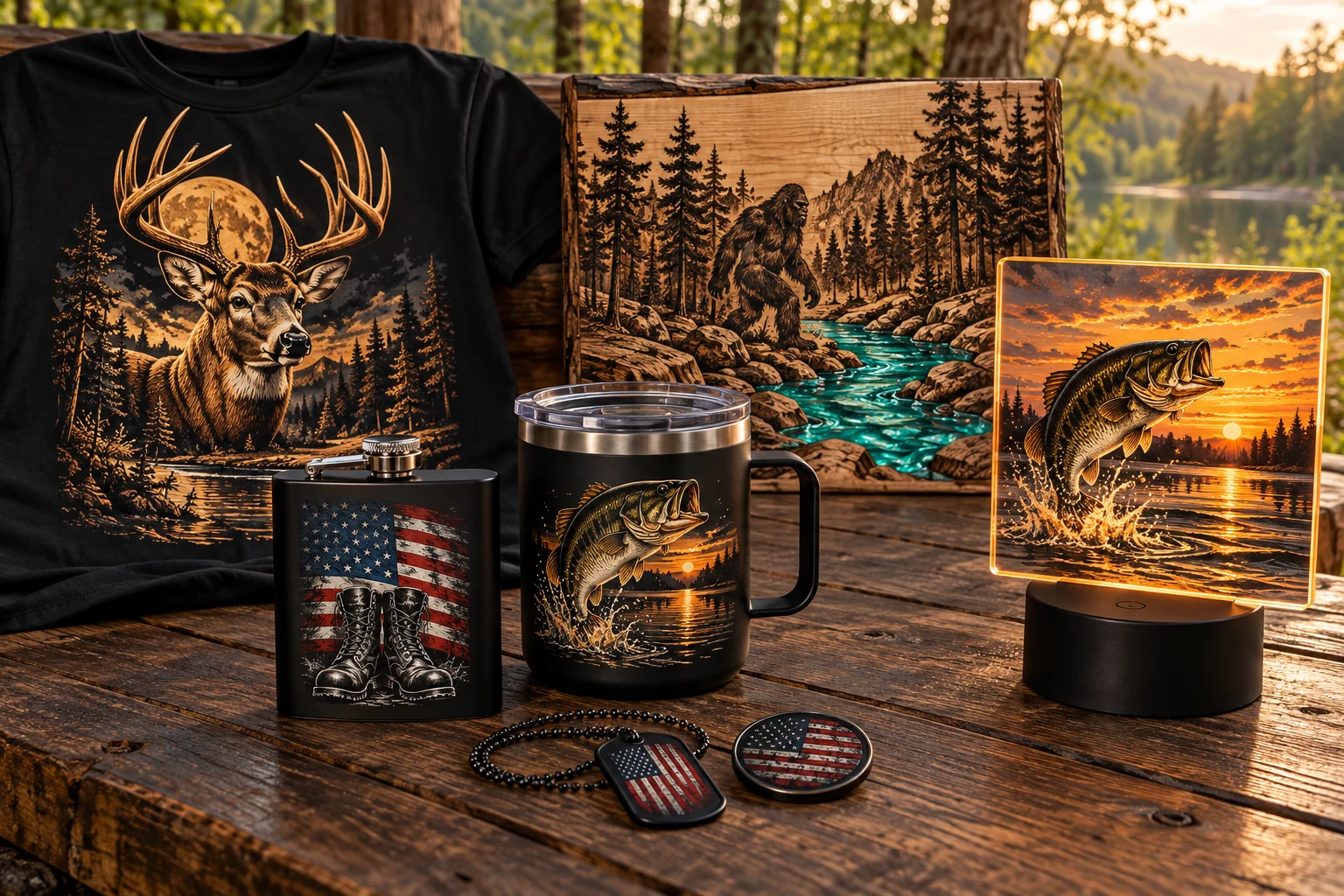 Custom goods featuring a deer shirt, fishing coffee cup and LED light, Americana flask, dog tags, challenge coin, and Sasquatch wood art with UV resin color