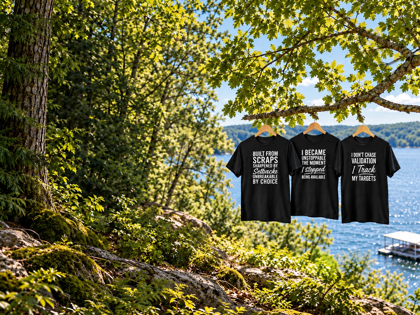 Three #LoveProtectInspire graphic T-shirts hanging from a tree beside the lake