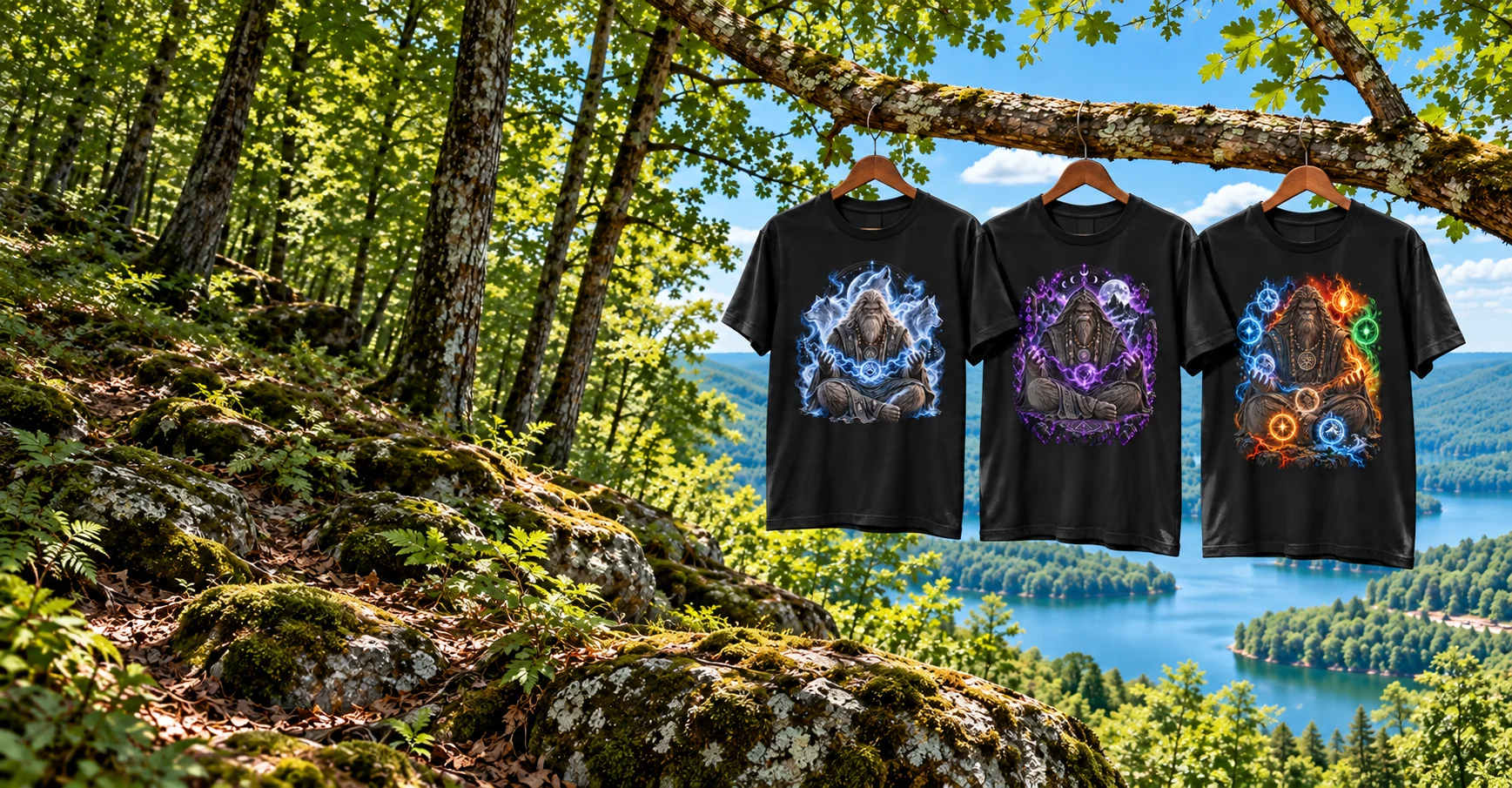 Three Sasquatch Sages™ character shirts hanging from a woodland tree