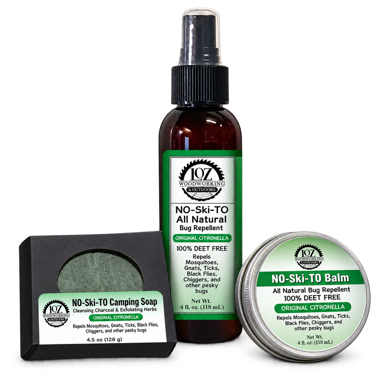 LOZ Woodworking & Outdoors NO-Ski-TO original citronella spray, camping soap, and balm