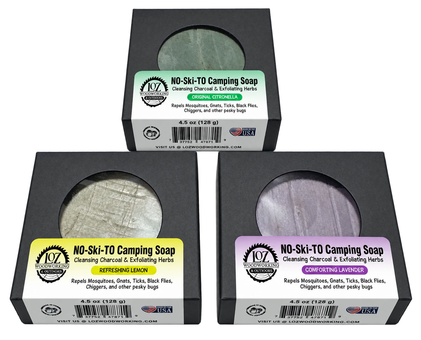 Original, Lemon, and Lavender NO-Ski-TO Camping Soap boxes
